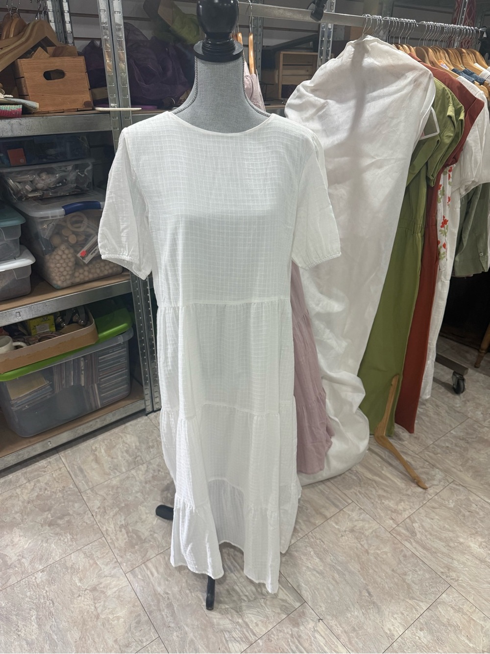 White Tiered Maxi Dress with Short Sleeves - Unbranded